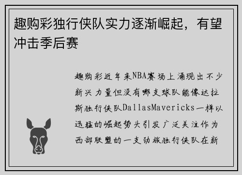 趣购彩独行侠队实力逐渐崛起，有望冲击季后赛