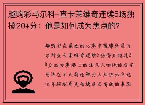 趣购彩马尔科-查卡莱维奇连续5场独揽20+分：他是如何成为焦点的？