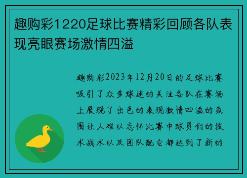 趣购彩1220足球比赛精彩回顾各队表现亮眼赛场激情四溢