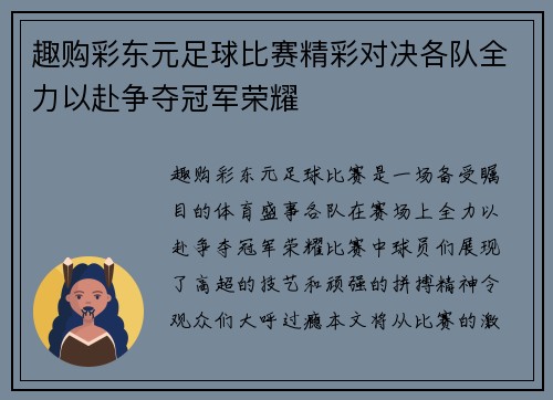 趣购彩东元足球比赛精彩对决各队全力以赴争夺冠军荣耀