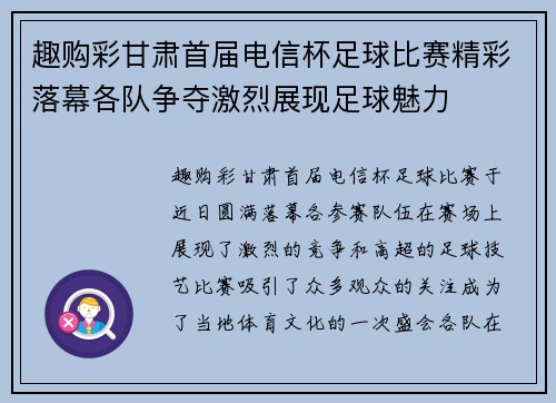 趣购彩甘肃首届电信杯足球比赛精彩落幕各队争夺激烈展现足球魅力