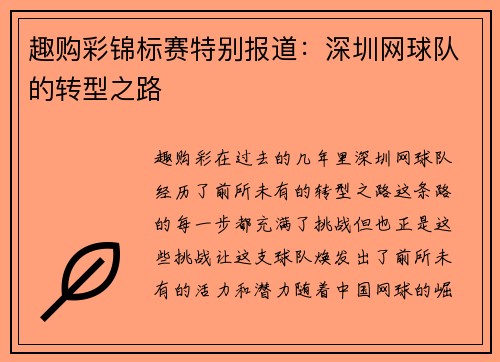 趣购彩锦标赛特别报道：深圳网球队的转型之路