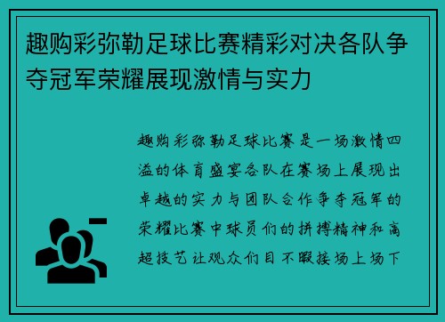 趣购彩弥勒足球比赛精彩对决各队争夺冠军荣耀展现激情与实力