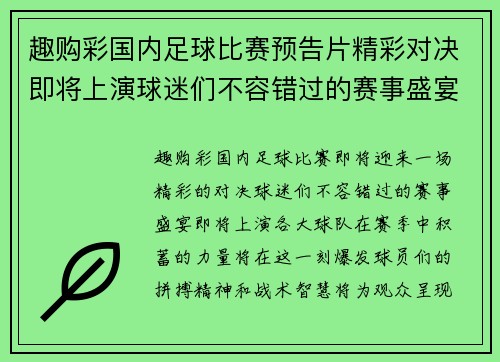 趣购彩国内足球比赛预告片精彩对决即将上演球迷们不容错过的赛事盛宴