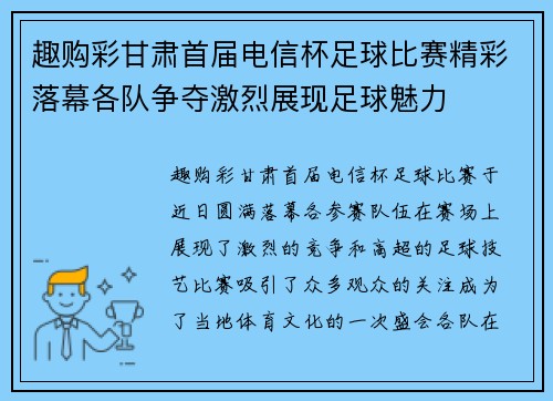 趣购彩甘肃首届电信杯足球比赛精彩落幕各队争夺激烈展现足球魅力
