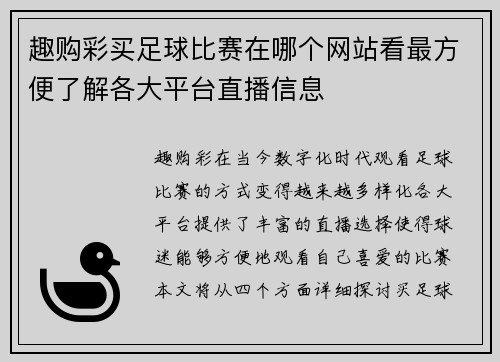 趣购彩买足球比赛在哪个网站看最方便了解各大平台直播信息
