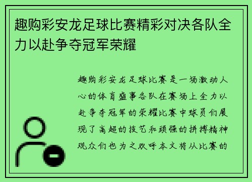 趣购彩安龙足球比赛精彩对决各队全力以赴争夺冠军荣耀